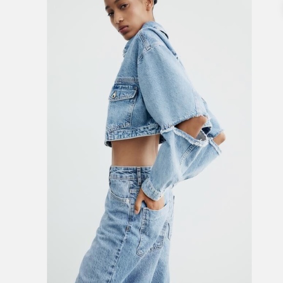 ZARA! Denim cropped oversized jacket cut out elbows XS - Picture 7 of 15